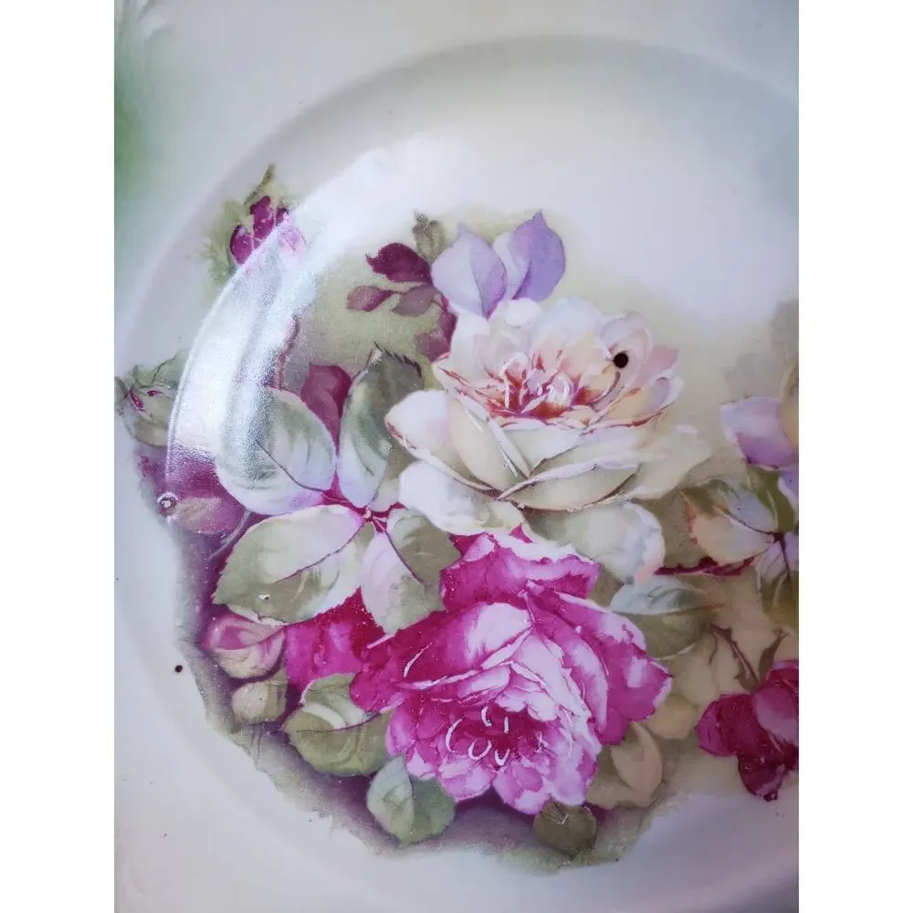 Vintage Hand‎ Painted Handled Cake Dessert Plate Green w/ Pink Roses Germany
